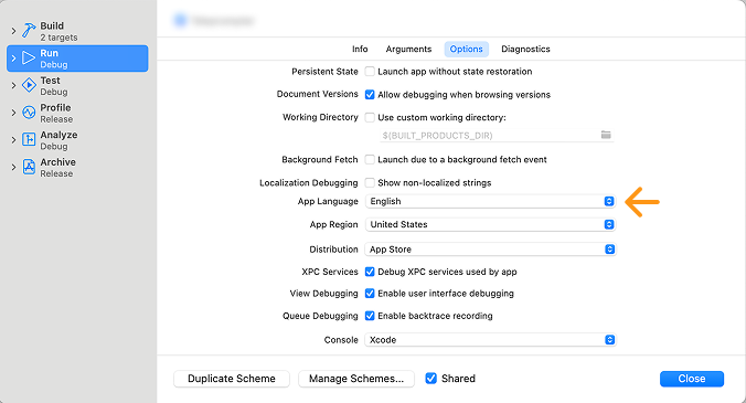 xcode change app language for testing